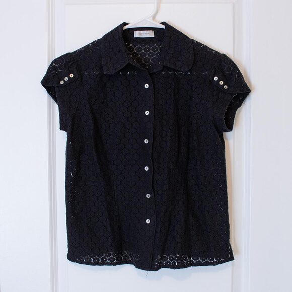 M Van Heusen Button Flower Diecut black sheer blouse short puff petal sleeve - Picture 1 of 6